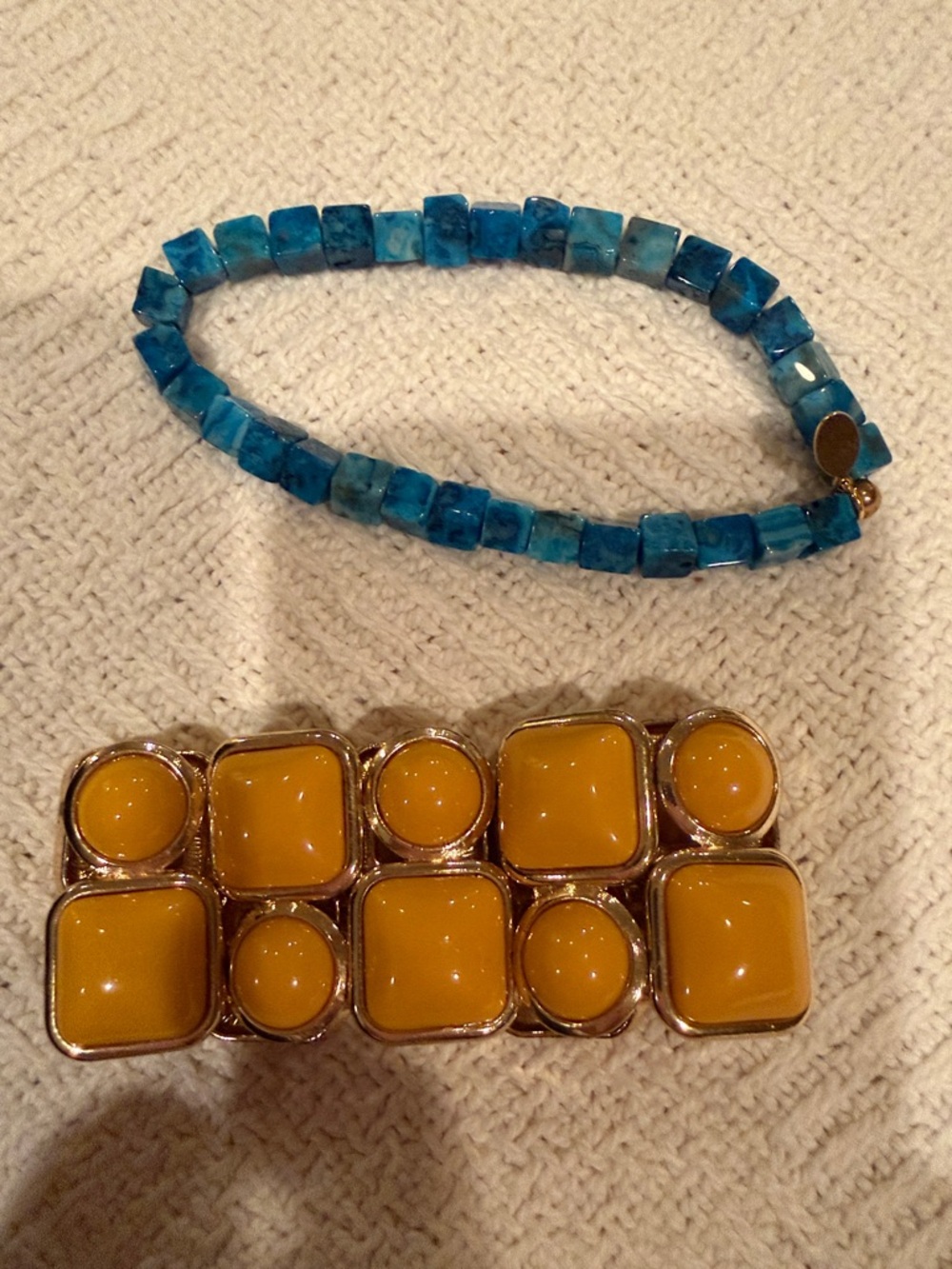 Blue Beaded Bracelet and Yellow Statement Bracelet